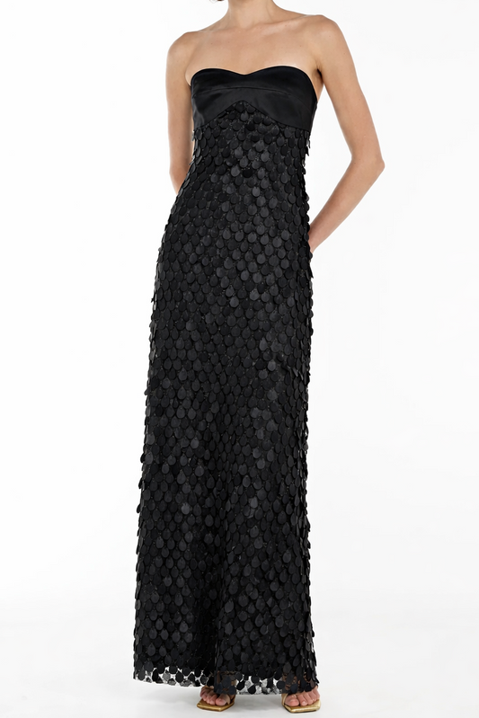 Ellalabel gloria Lace sequin backless maxi dress in black - Crafted from Intricate Lace Fabrication- Ideal for Wedding Guest and Formal Galas.