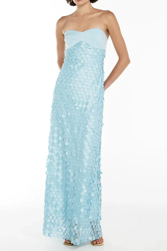 Ellalabel gloria Lace sequin backless maxi dress in blue - Crafted from Intricate Lace Fabrication- Ideal for Wedding Guest and Formal Galas.