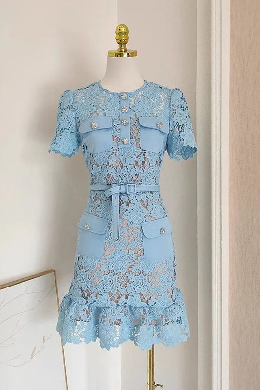 Ellalabel Hallie Diamond Floral Mini Dress in Blue - Crafted from High-quality Fabrication- Best for Cocktail Parties and Night Out.