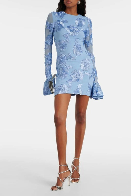 Ellalabel Floral-Embroidered Mesh Mini Dress In Blue - Crafted from High-quality Fabrication- Best for Cocktail Parties and Night Out.