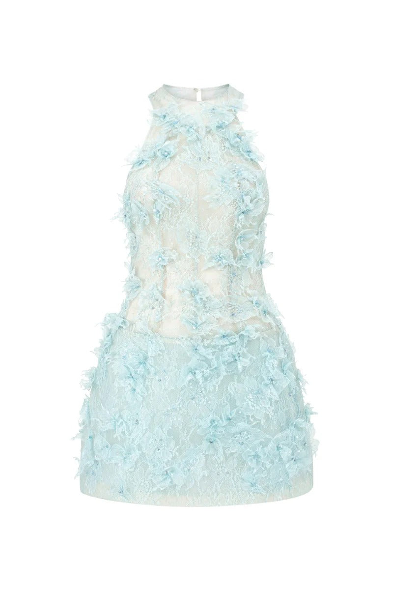 Jeanne Floral Lace Mini Dress In blue