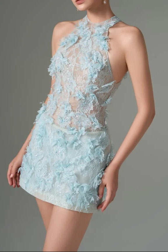 Jeanne Floral Lace Mini Dress In blue