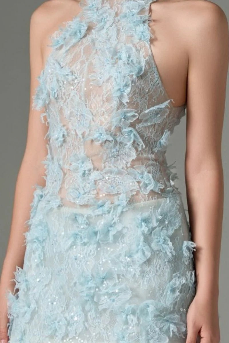 Jeanne Floral Lace Mini Dress In blue