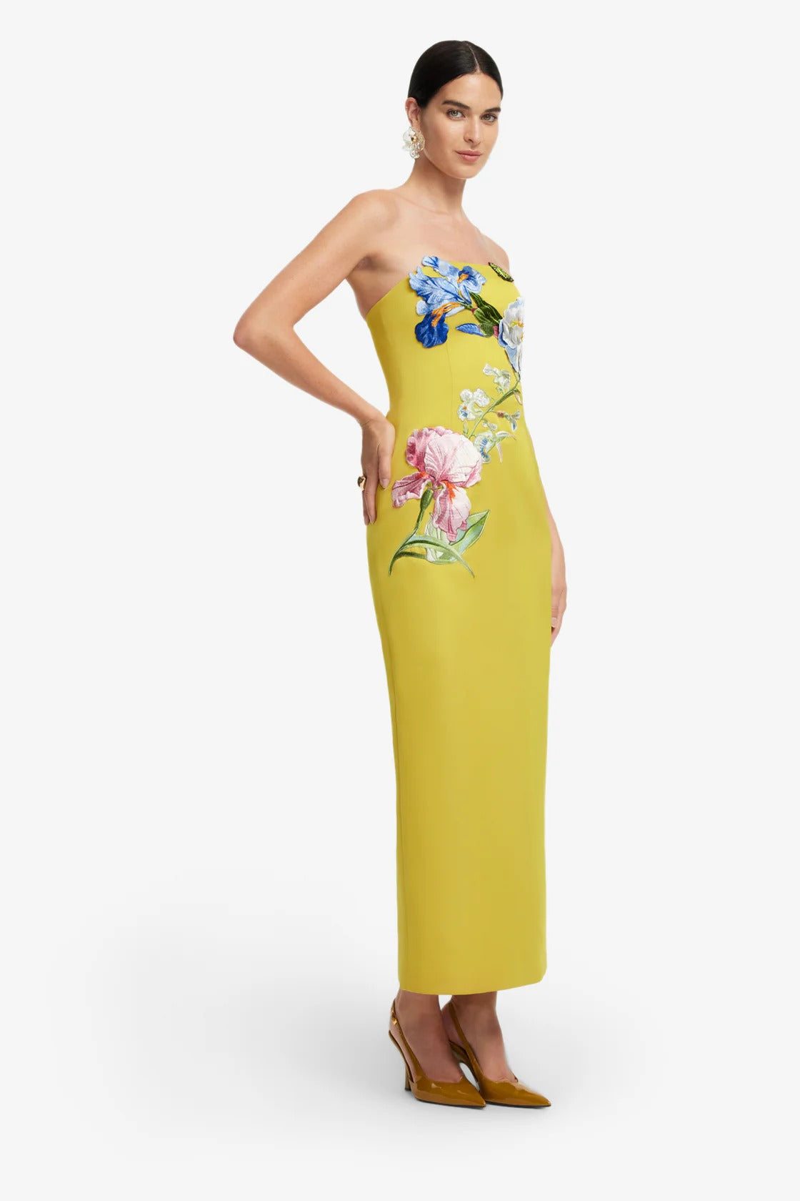 kimberley yellow Appliqué Floral Bustier Maxi Dress
