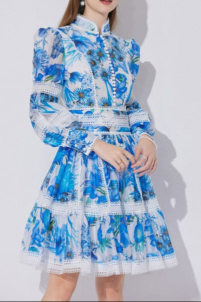 amanda Lace-paneled printed lantern sleeves mini dress in blue