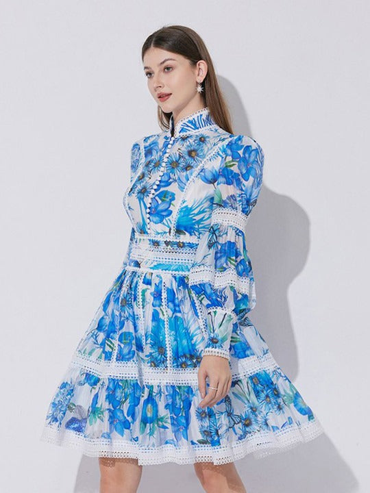 amanda Lace-paneled printed lantern sleeves mini dress in blue