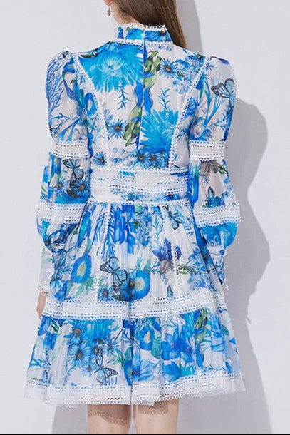 amanda Lace-paneled printed lantern sleeves mini dress in blue