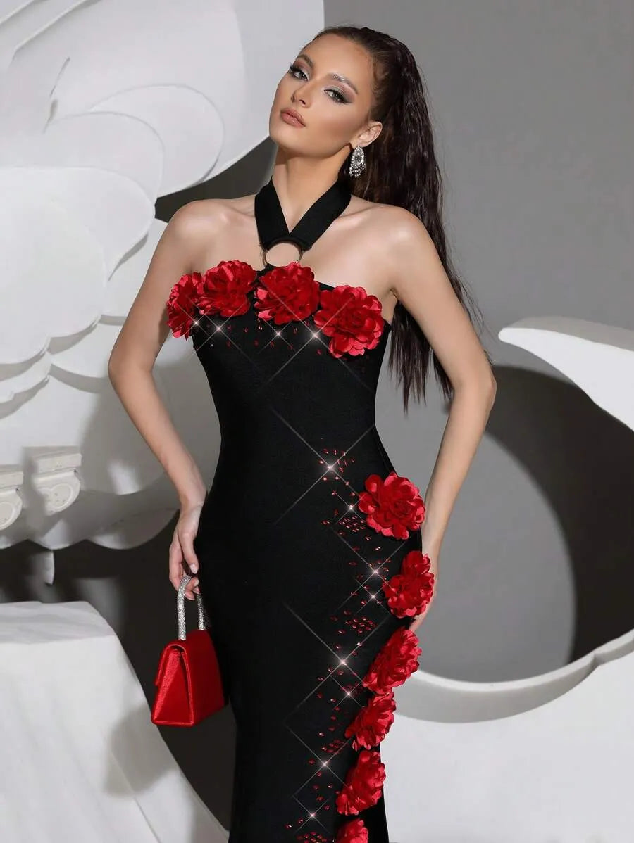 sebastiane Halterneck Flower Bandage Maxi Dress in black