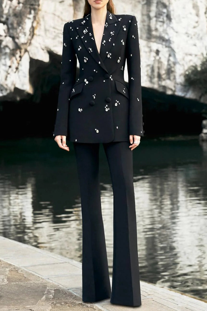 kitty black Straight Flared Velvet Floor Length Pants rhinestone blazer set