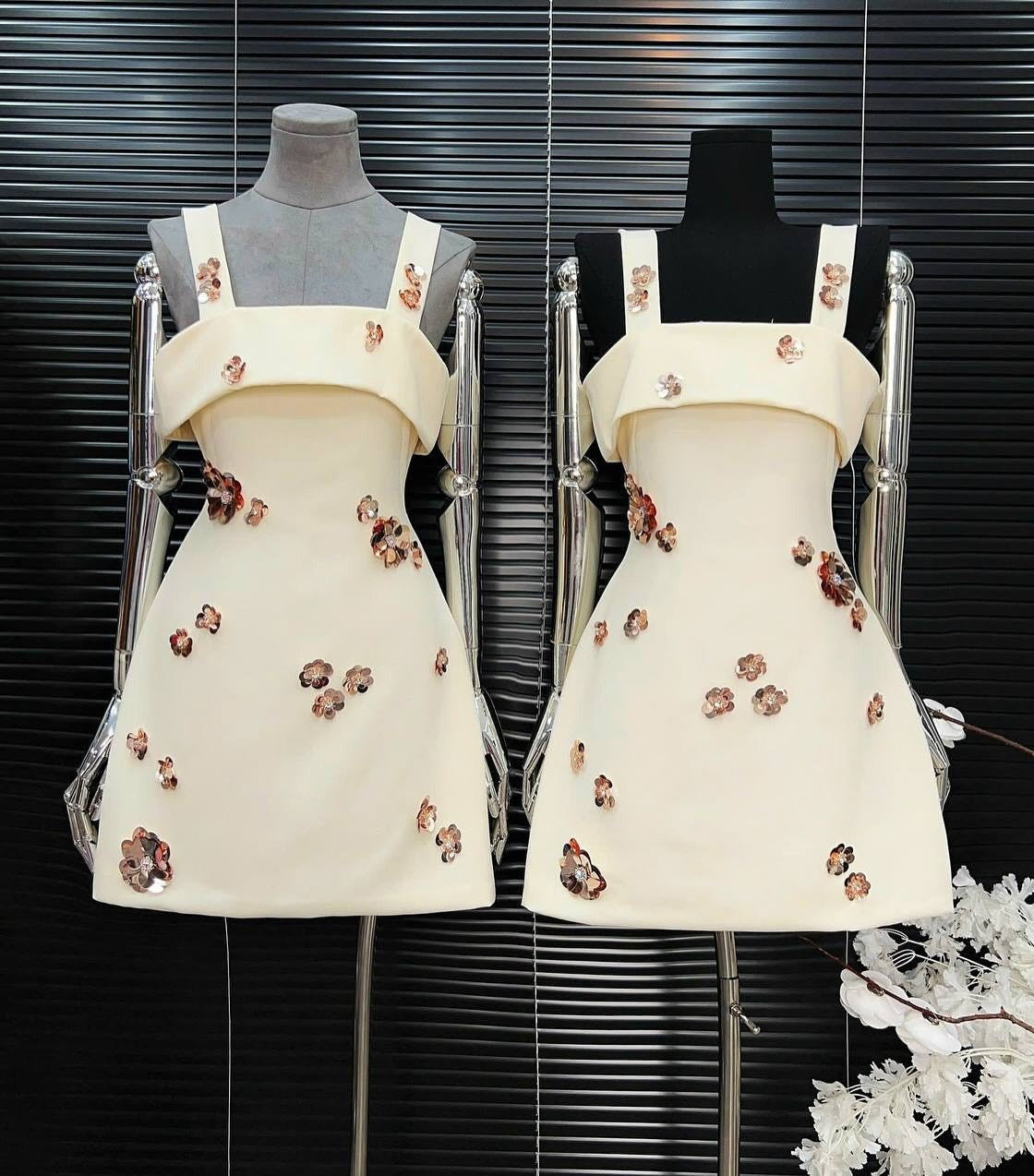 joanna sequin rhinestone flower mini dress in white