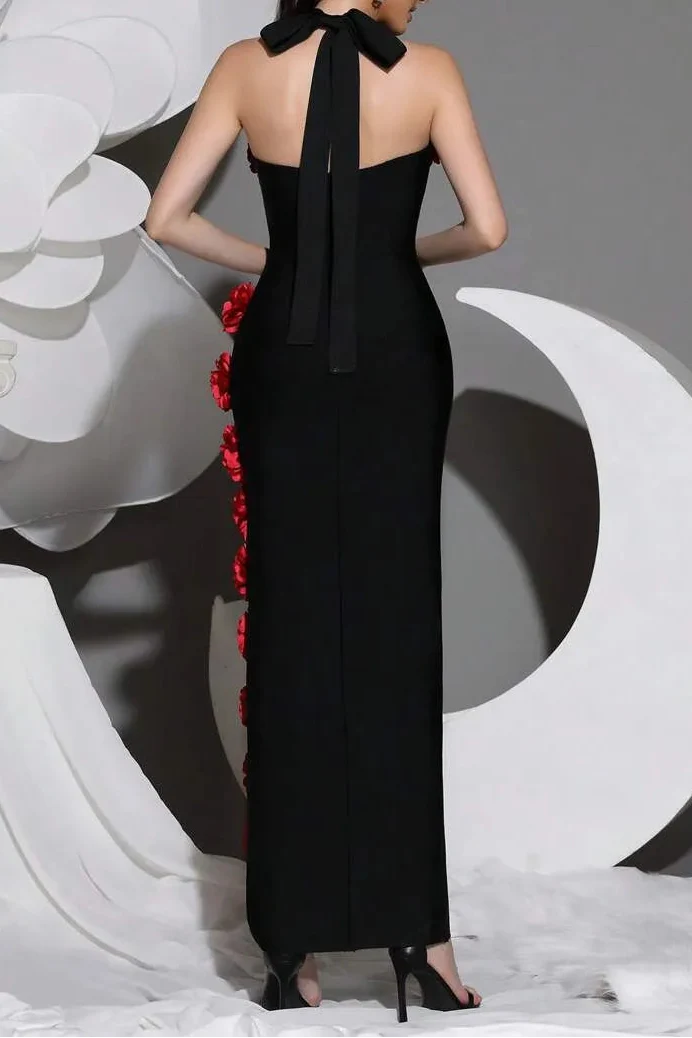 sebastiane Halterneck Flower Bandage Maxi Dress in black