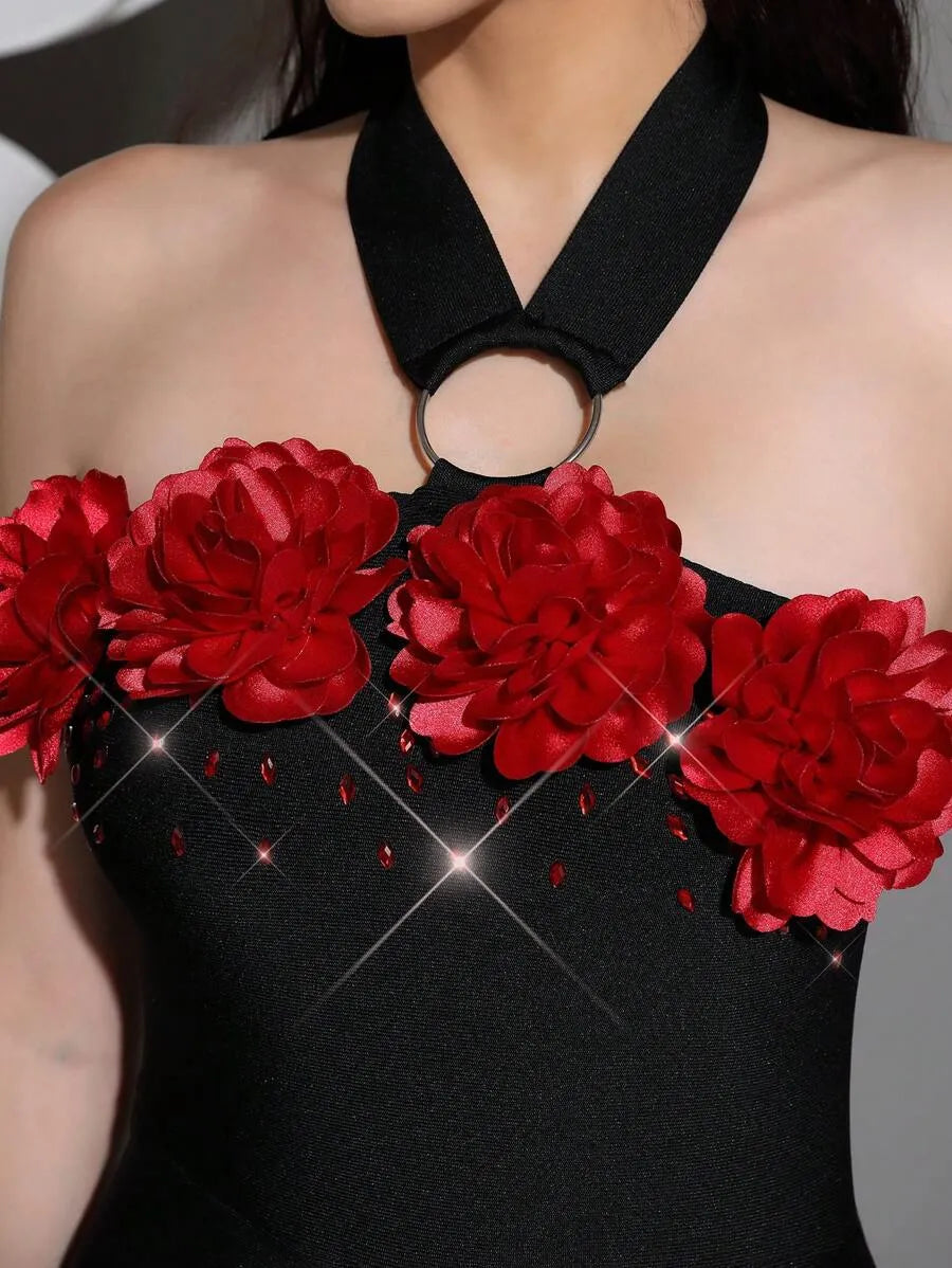 sebastiane Halterneck Flower Bandage Maxi Dress in black