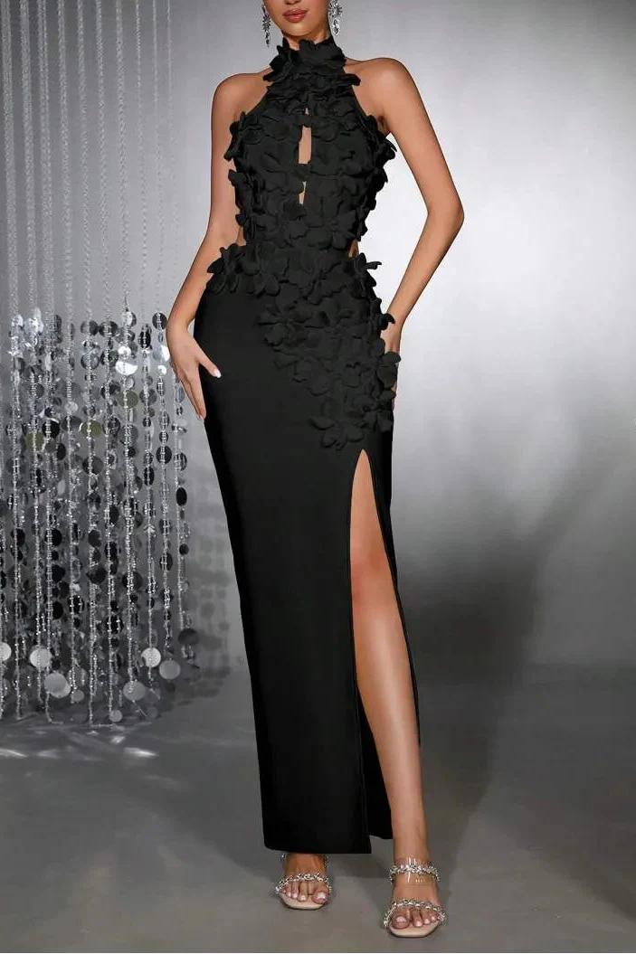 celeste 3d flower halter high slit backless maxi Dress in black