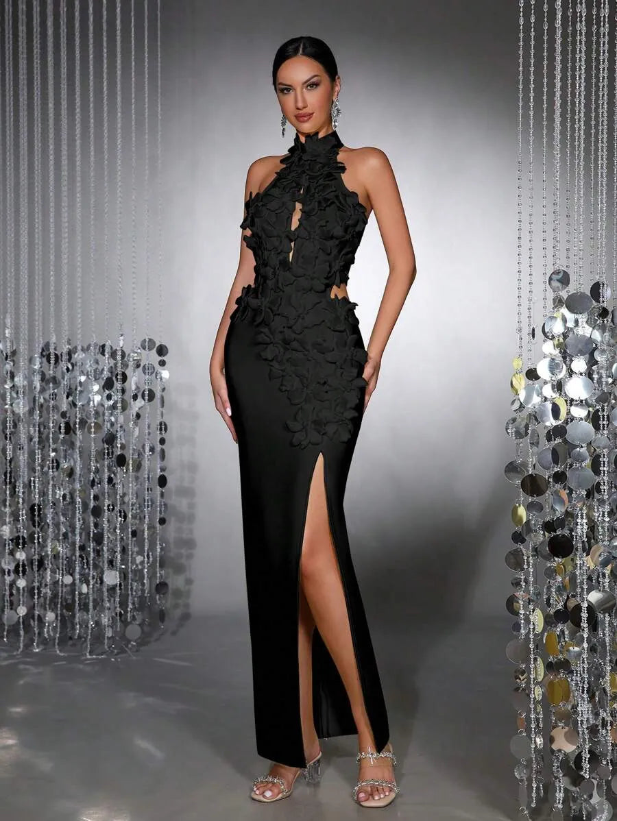 celeste 3d flower halter high slit backless maxi Dress in black