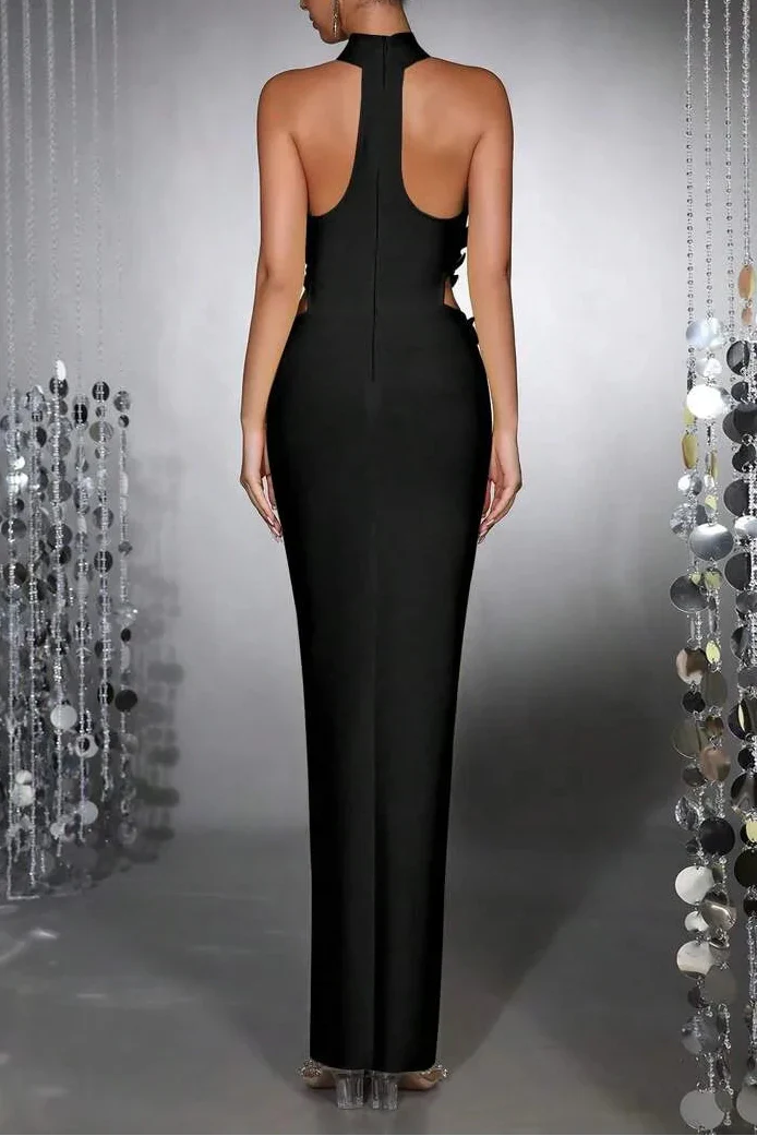 celeste 3d flower halter high slit backless maxi Dress in black