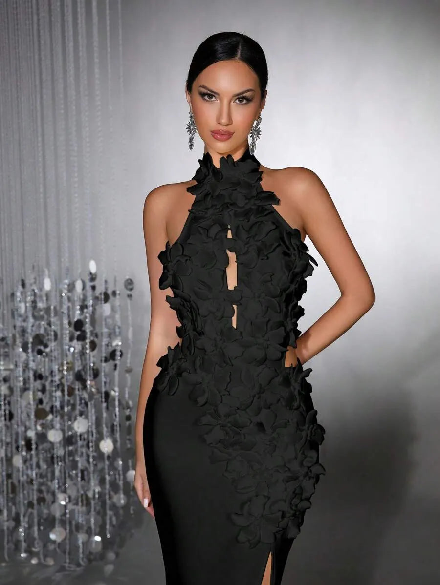 celeste 3d flower halter high slit backless maxi Dress in black