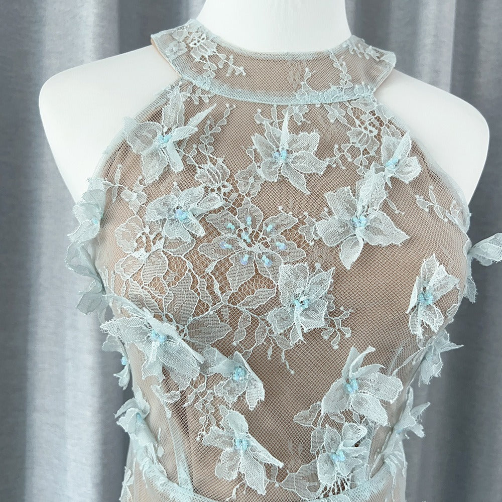 Jeanne Floral Lace Mini Dress In blue