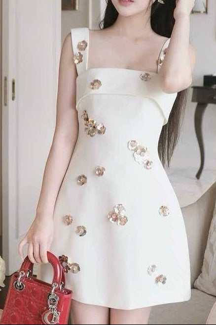 joanna sequin rhinestone flower mini dress in white