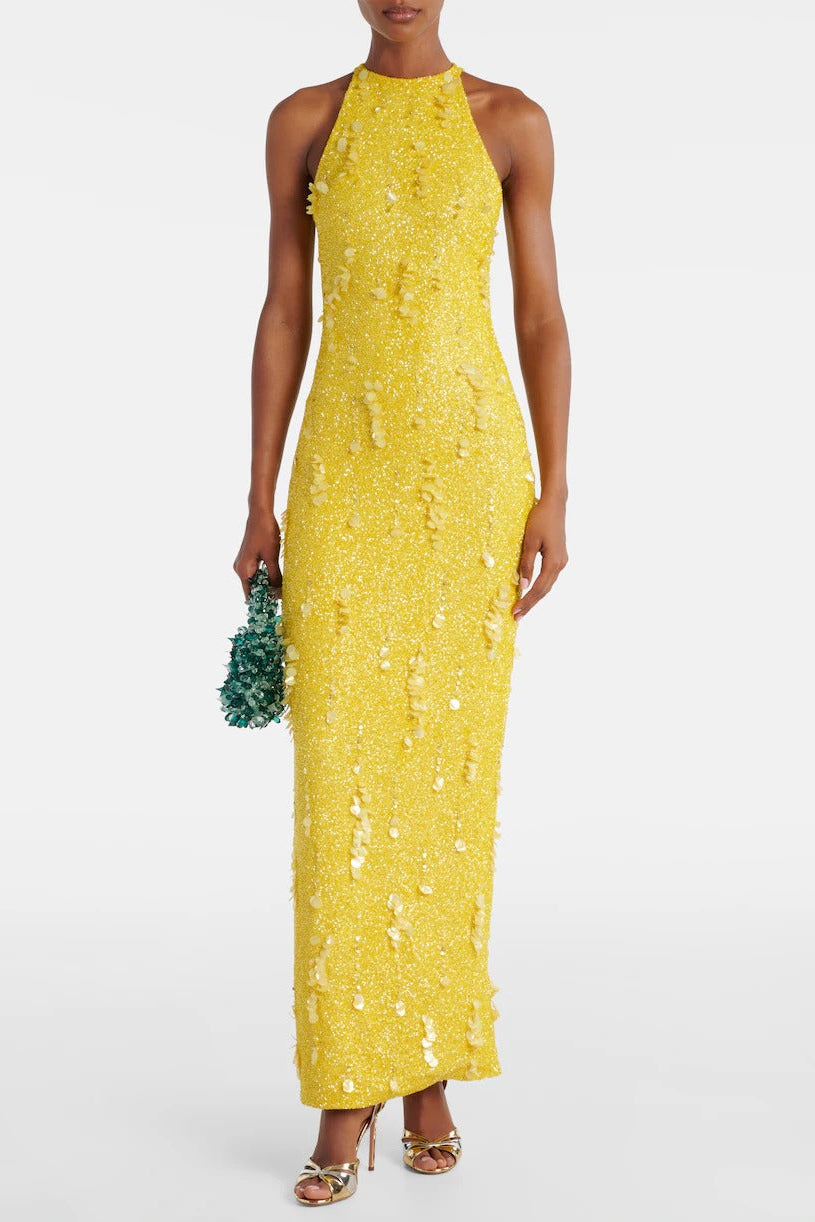 leona  yellow beaded sequined sleeveless maxi dress