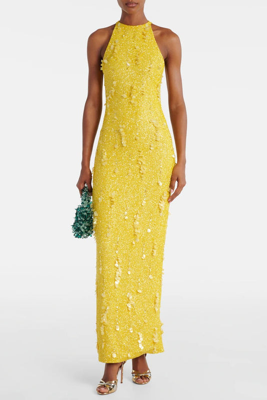Ellalabel leona  yellow beaded sequined sleeveless maxi dress - Crafted from Shimmering Hand-stitched Sequins- Ideal for Wedding Guest and Formal Galas.