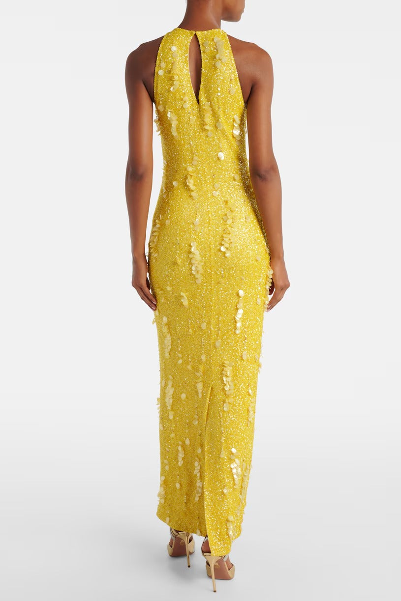 leona  yellow beaded sequined sleeveless maxi dress