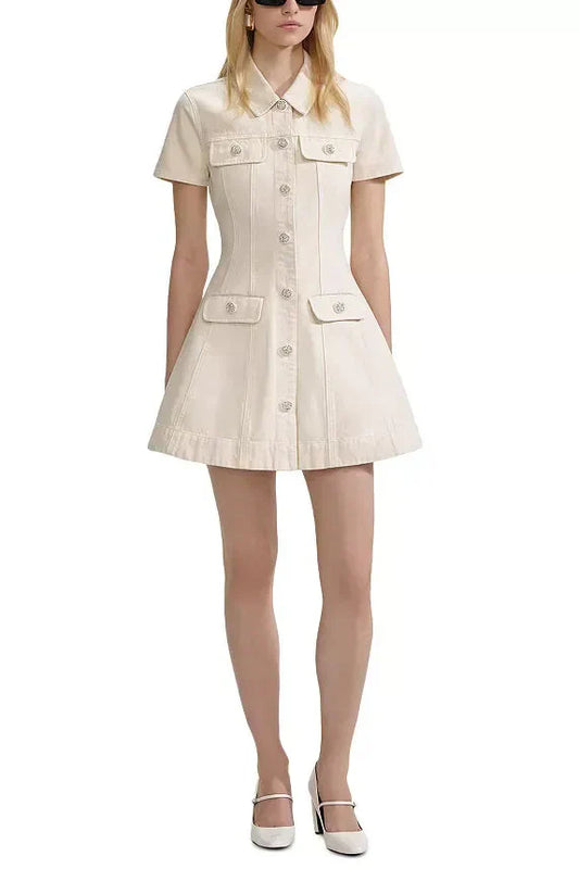 Ellalabel aaliyah Cream Collared Denim Mini Dress - Crafted from High-quality Fabrication- Best for Cocktail Parties and Night Out.