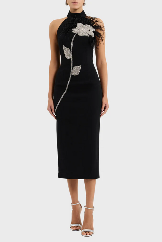 Ellalabel beatrice flower rhinestone feather halter Midi Dress in Black - Crafted from High-quality Fabrication- Perfect for Garden Parties and Resort Wear.