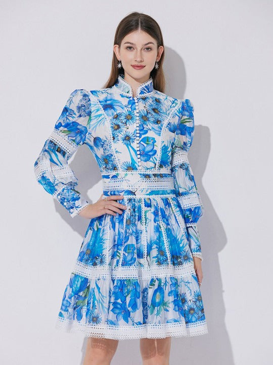 amanda Lace-paneled printed lantern sleeves mini dress in blue