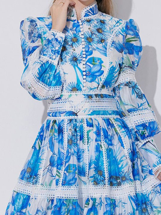 amanda Lace-paneled printed lantern sleeves mini dress in blue