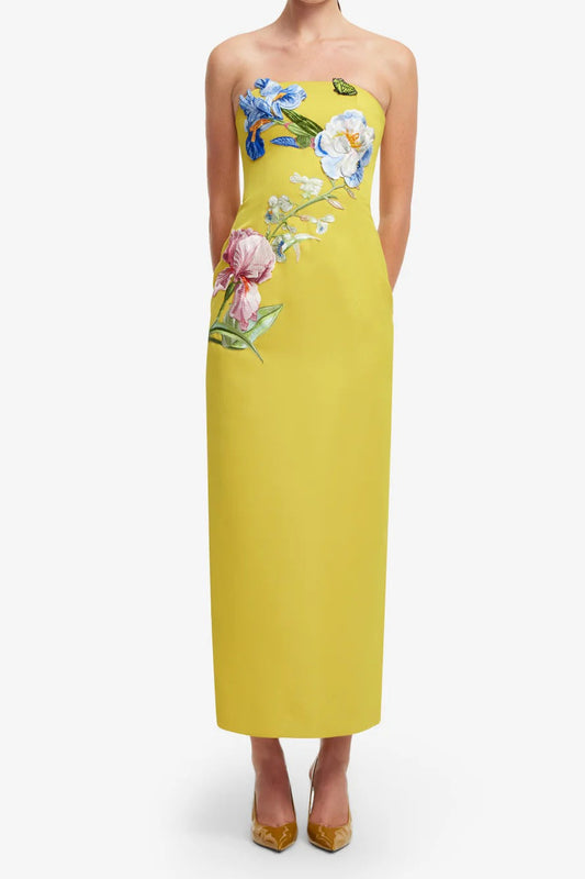 Ellalabel kimberley yellow Appliqué Floral Bustier Maxi Dress in Yellow - Crafted from High-quality Fabrication- Ideal for Wedding Guest and Formal Galas.