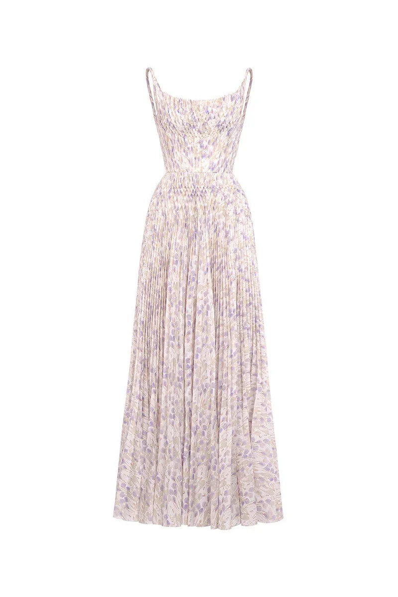 giselle floral print pleated maxi dress in pale purple
