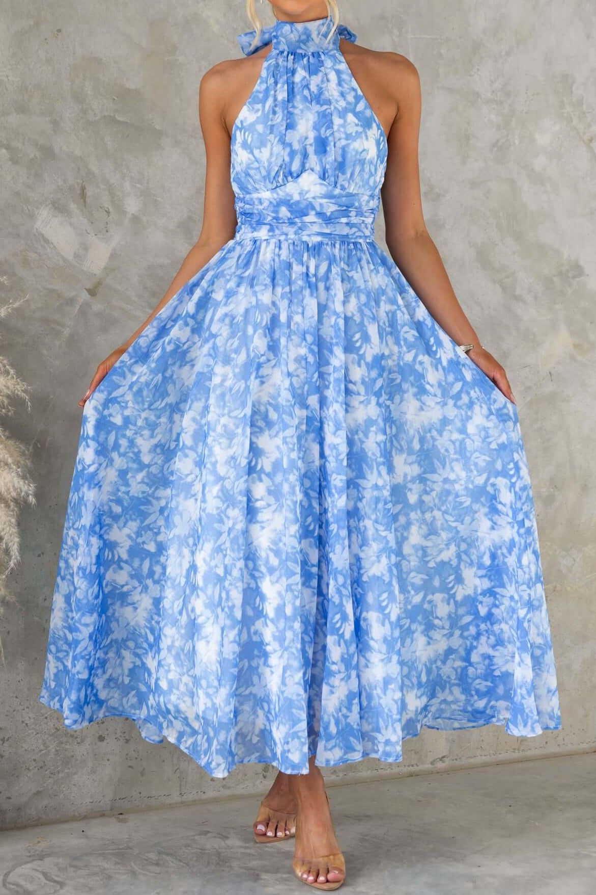 pamela Sleeveless printed backless mini dress in blue