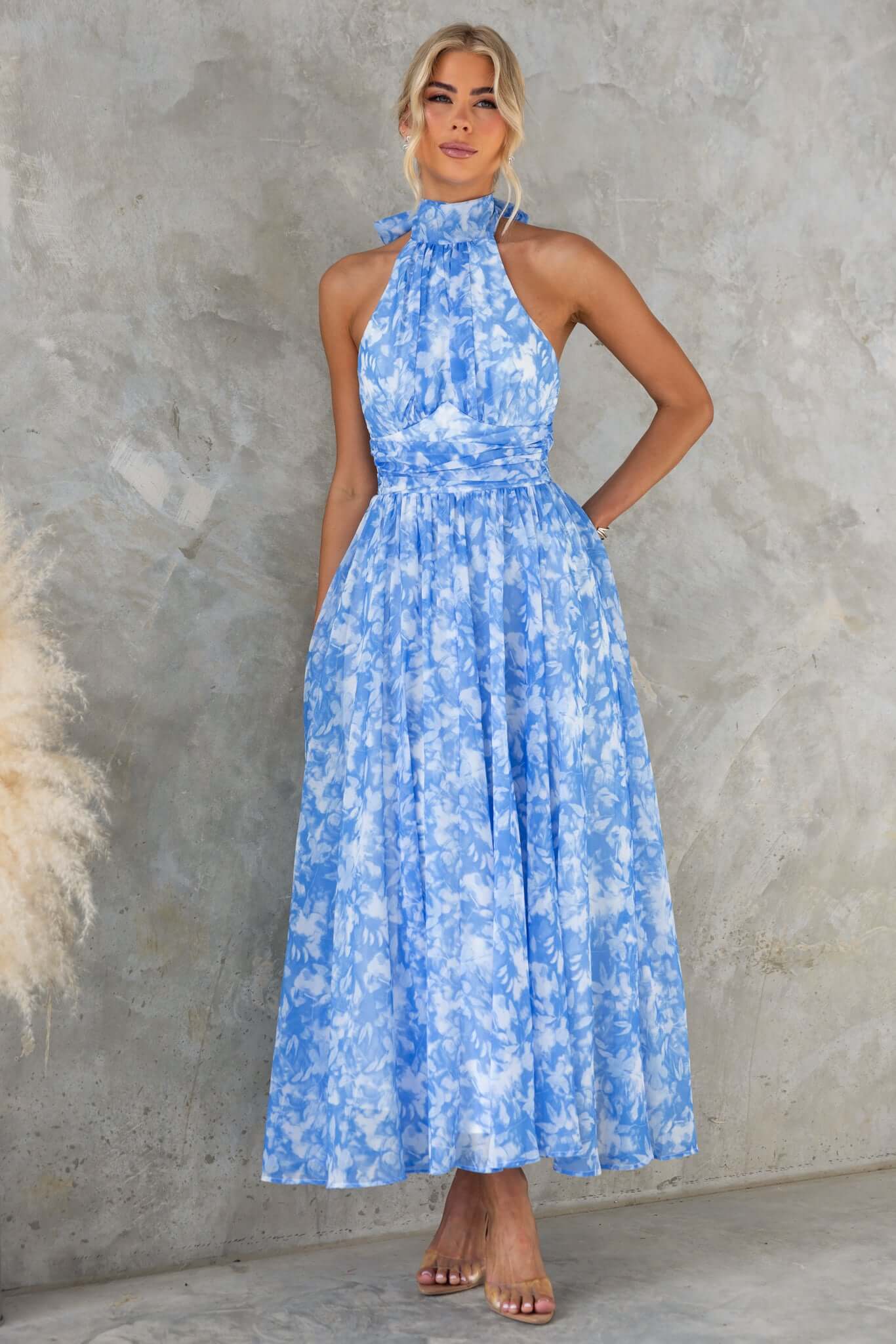 pamela Sleeveless printed backless mini dress in blue