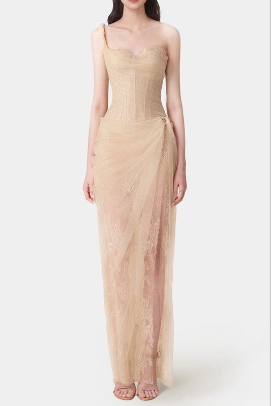 Ellalabel vanessa BEIGE LACE CORSET maxi DRESS - Crafted from Intricate Lace Fabrication- Ideal for Wedding Guest and Formal Galas.