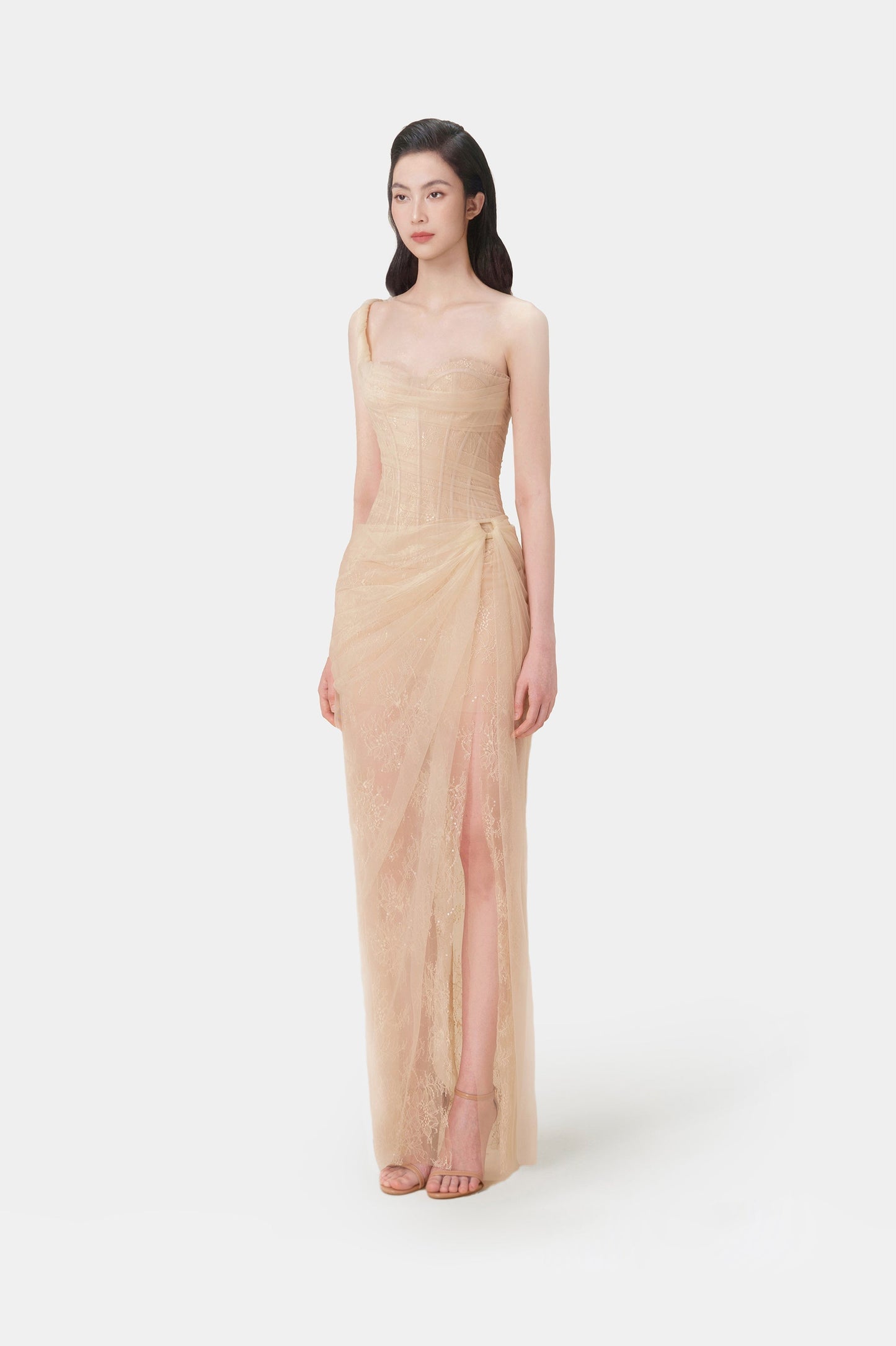 vanessa BEIGE LACE CORSET maxi DRESS