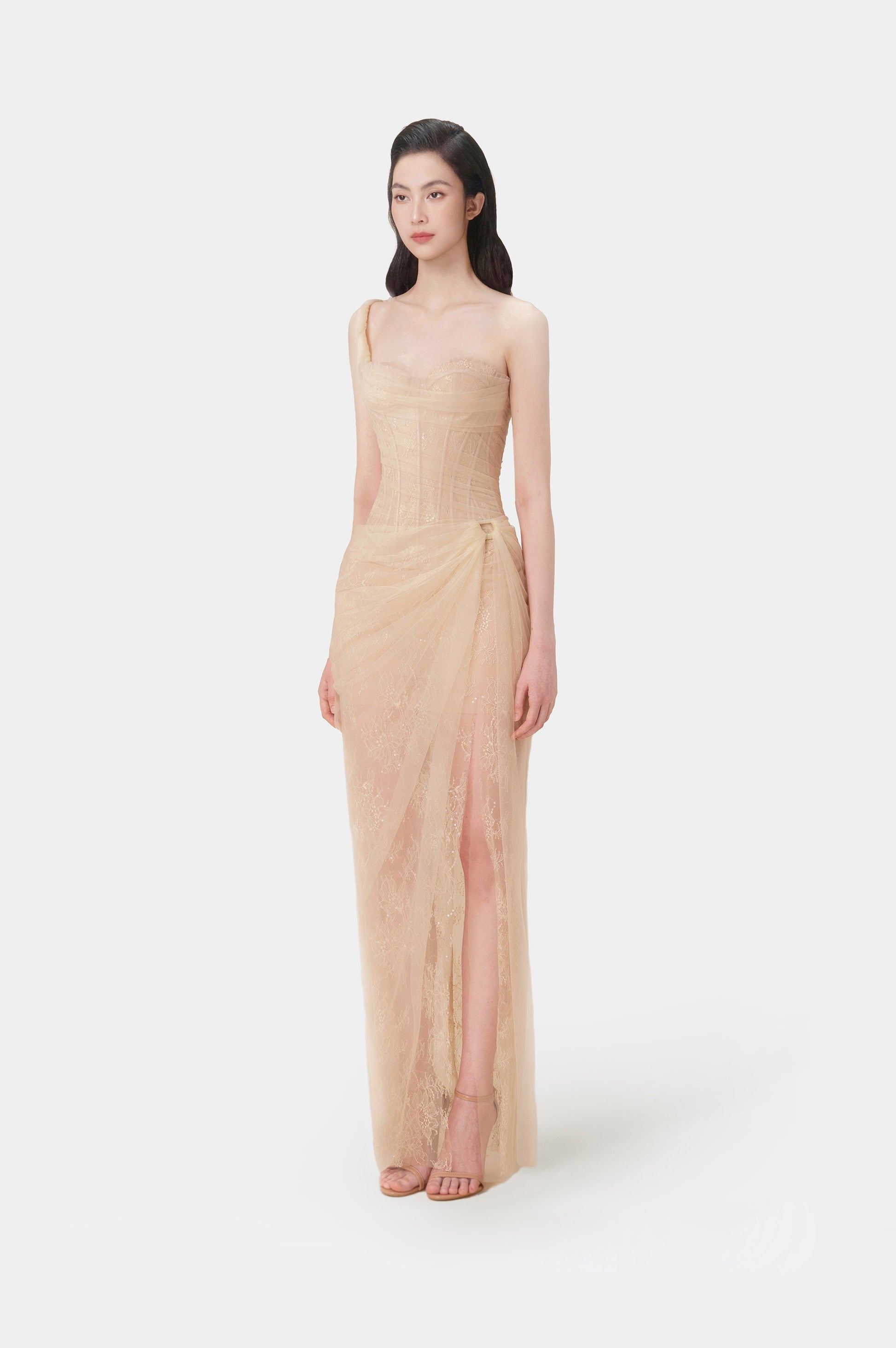 vanessa BEIGE LACE CORSET maxi DRESS
