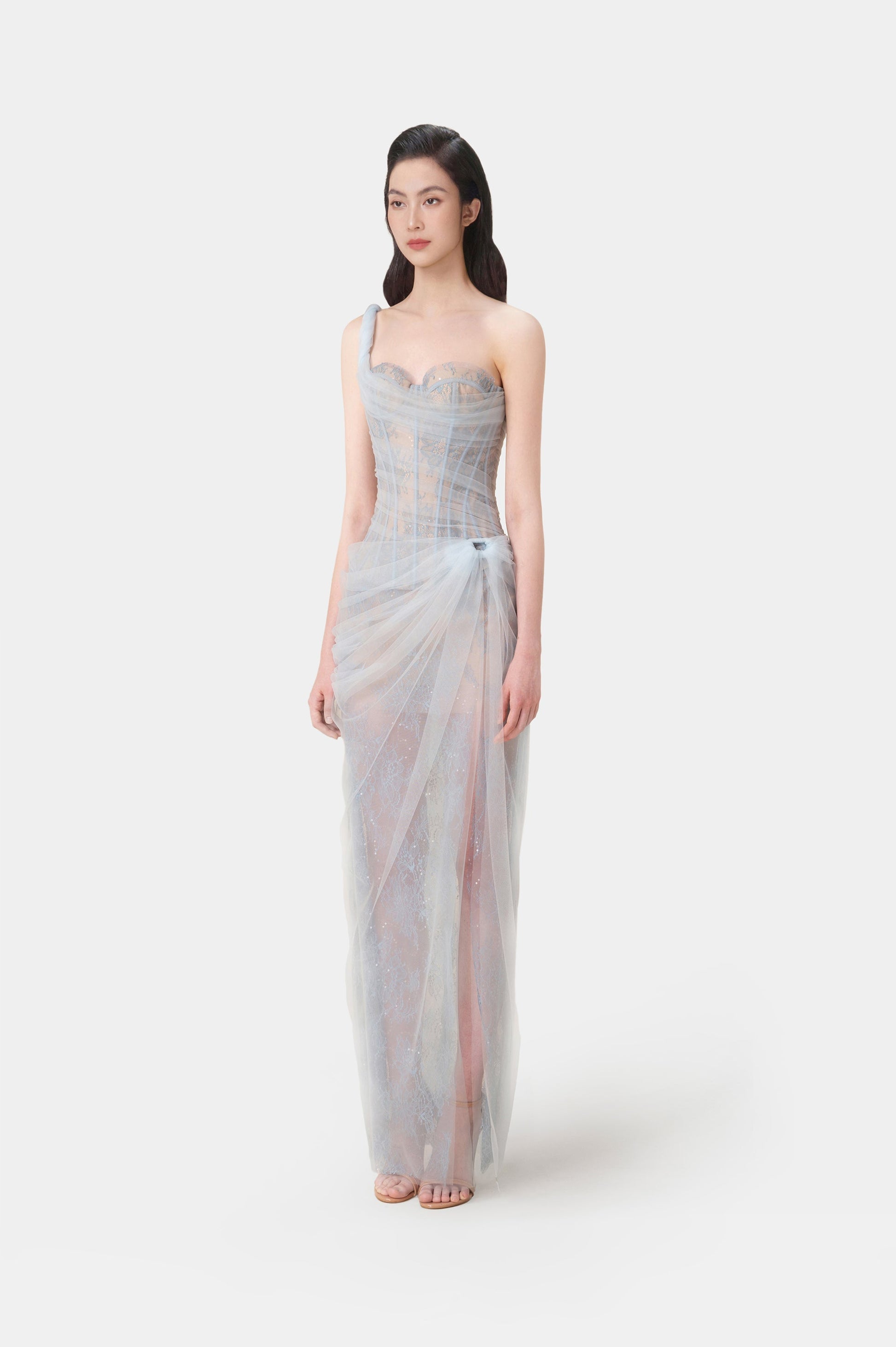 xaviera  BLUE LACE CORSET maxi DRESS