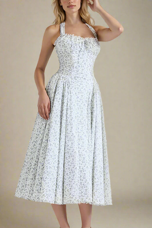 Ellalabel Lynsie Midi Dress - Blue Floral in Blue Floral - Crafted from High-quality Fabrication- Perfect for Garden Parties and Resort Wear.