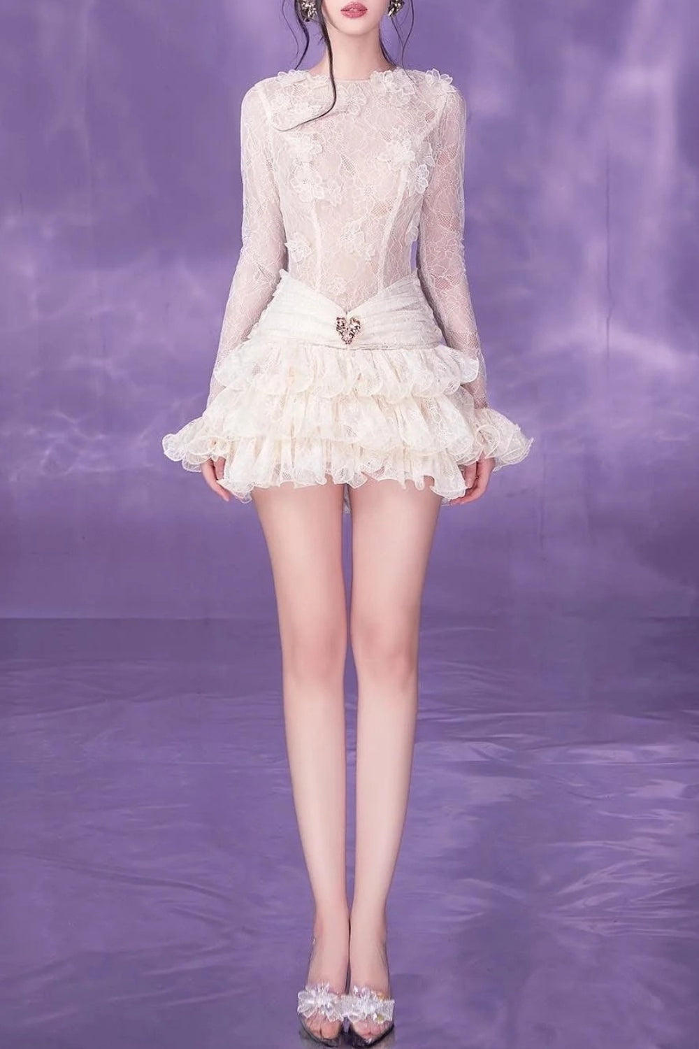 victoria white lace embroidery ruched trim mini dress