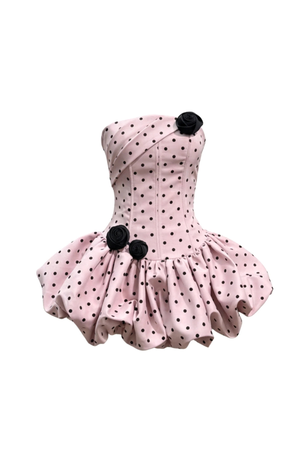 Joyce Polka Dot Strapless flower Corset Puff Mini Dress In Pink