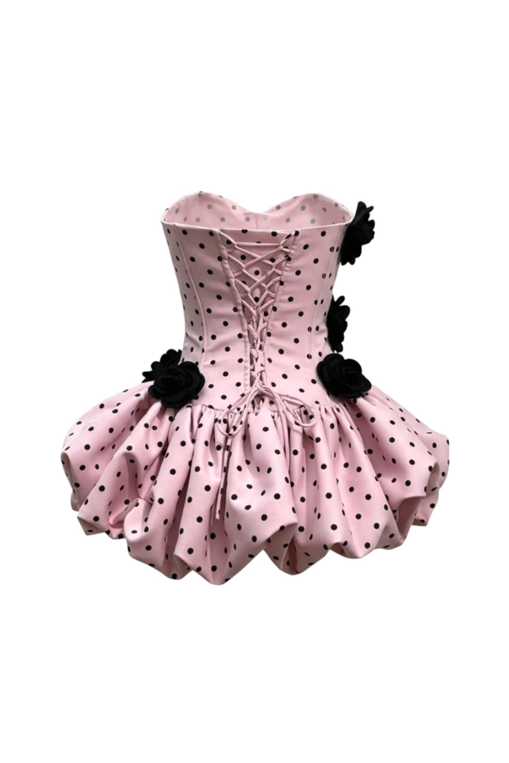 Joyce Polka Dot Strapless flower Corset Puff Mini Dress In Pink