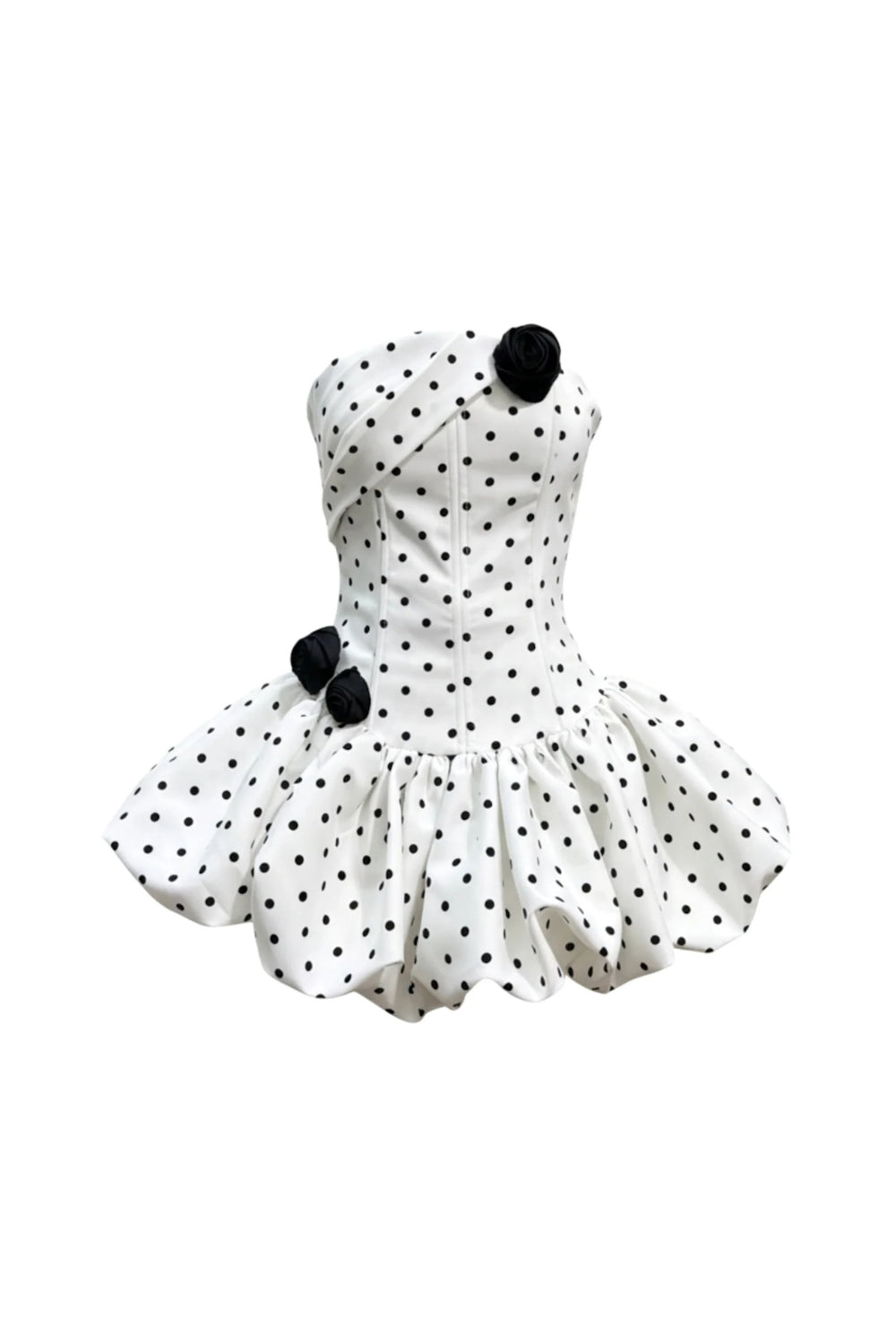 Joyce Polka Dot Strapless flower Corset Puff Mini Dress In white