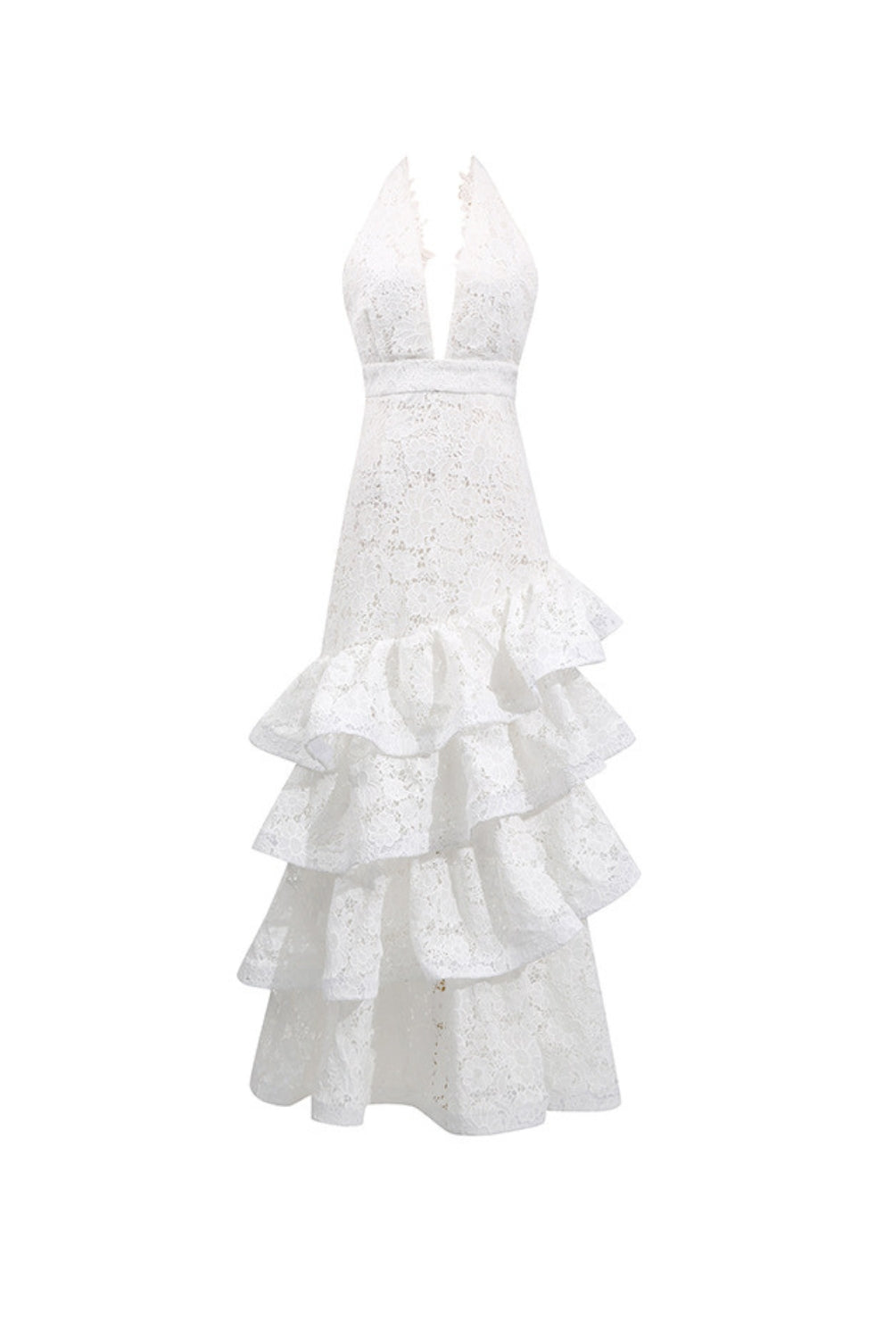 Meredith white Deep V-neck halterneck layer ruffle trim maxi dress