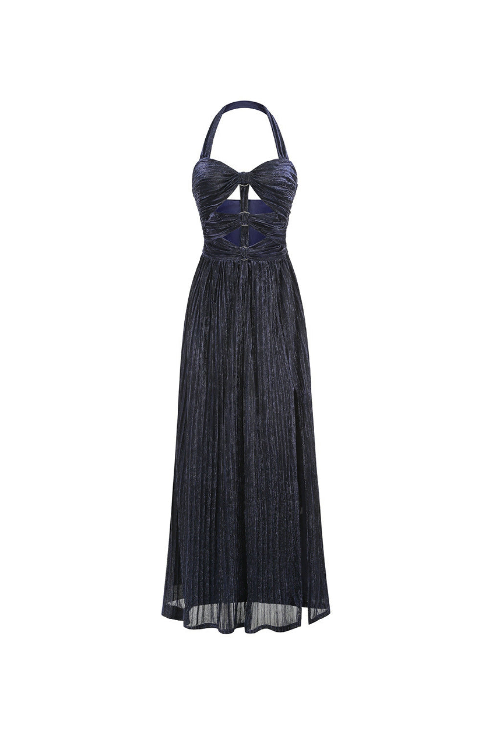Stylish blue dress | evangeline halter pleated cutout maxi dress in navy blue - Ideal for special occasions