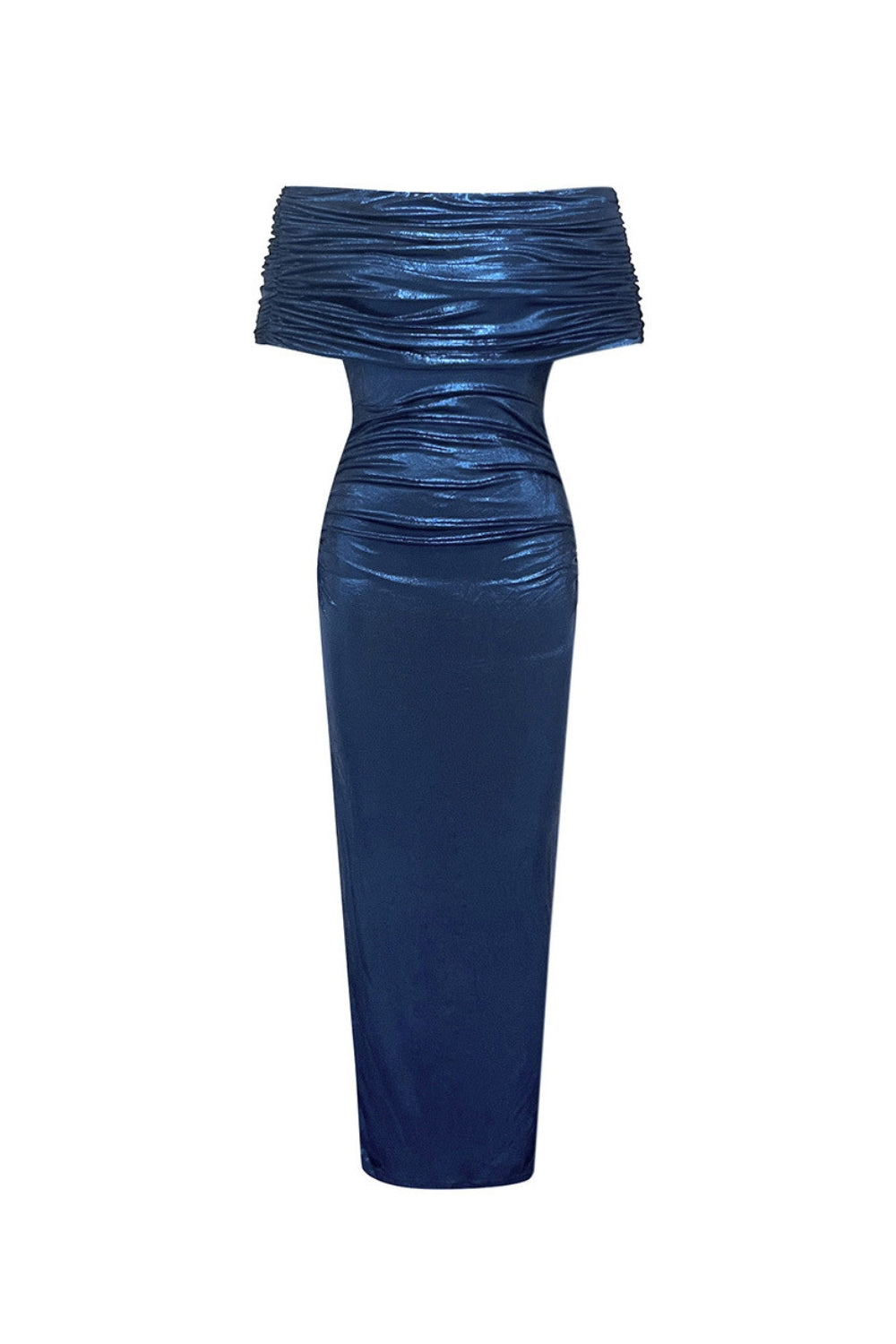 blanche dark blue Contour Metallic Off Shoulder Ruched Maxi Dress