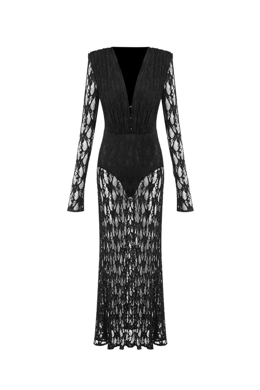 florence v neck hollow long sleeve lace maxi dress  in black