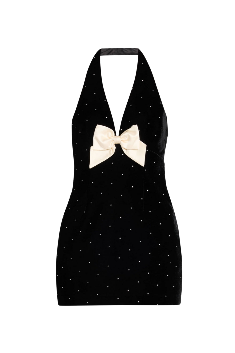 queena Halter Bow Velvet Mini Dress in black