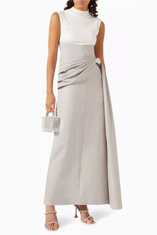 Ellalabel florence Interlock pleated Knit maxi dress in grey - Crafted from Soft-touch Fine Knit- Ideal for Wedding Guest and Formal Galas.
