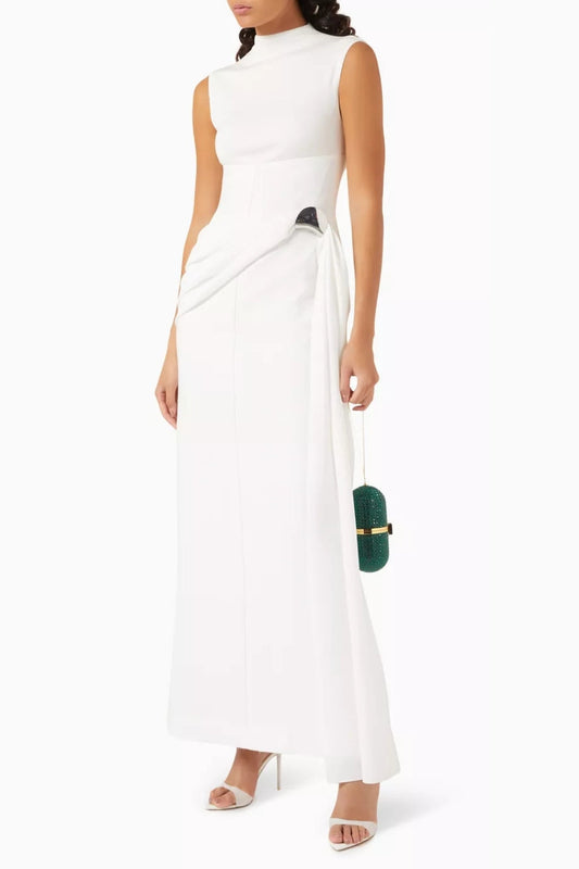 Ellalabel gail Interlock pleated Knit maxi dress in white - Crafted from Soft-touch Fine Knit- Ideal for Wedding Guest and Formal Galas.