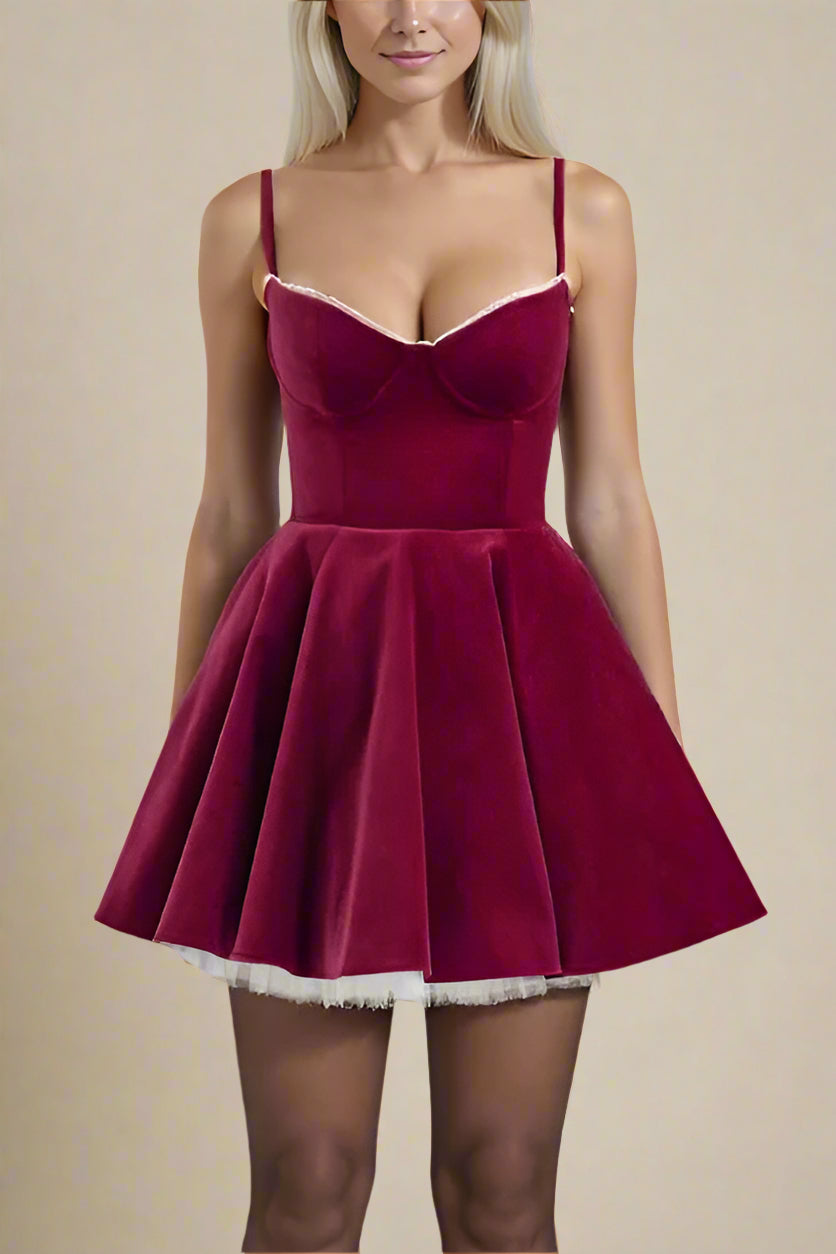 Stylish red dress | Mavis Mini Dress - Velvet Red Wine - Ideal for special occasions